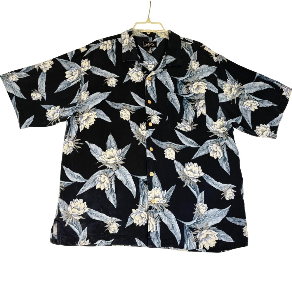 Bermuda Bay Silk Hawaiian Shirt Mens L Black Floral Camp Aloha Beach
